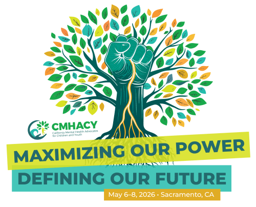 Illustration of a tree with a raised fist as the trunk, event text reads MAXIMIZING OUR POWER DEFINING OUR FUTURE, and details for a 2026 CMHACY conference in Sacramento, CA.